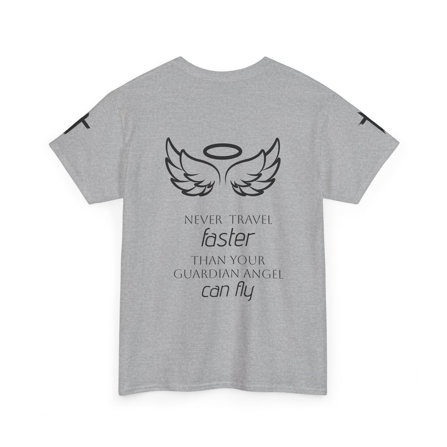Angel Wings Memorial Tee — "Never Travel Faster Than Your Guardian Angel Can Fly"