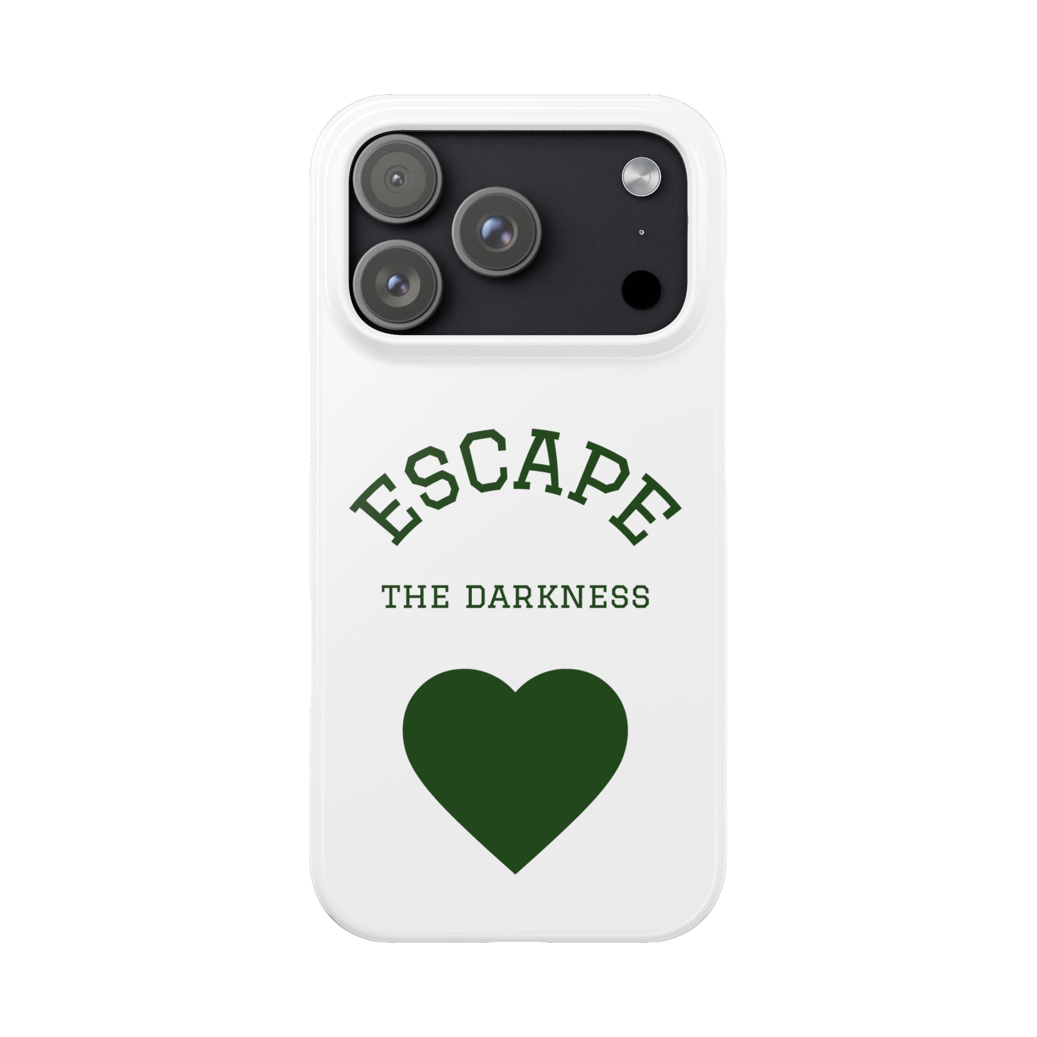 Escape the Darkness Slim Phone Case — Minimal Green Heart & Leaf Phone Cover