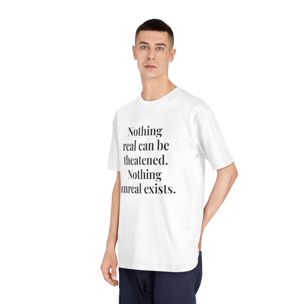 "Nothing real can be threatened" — Inspirational Crewneck T‑Shirt (I am as God Created me)