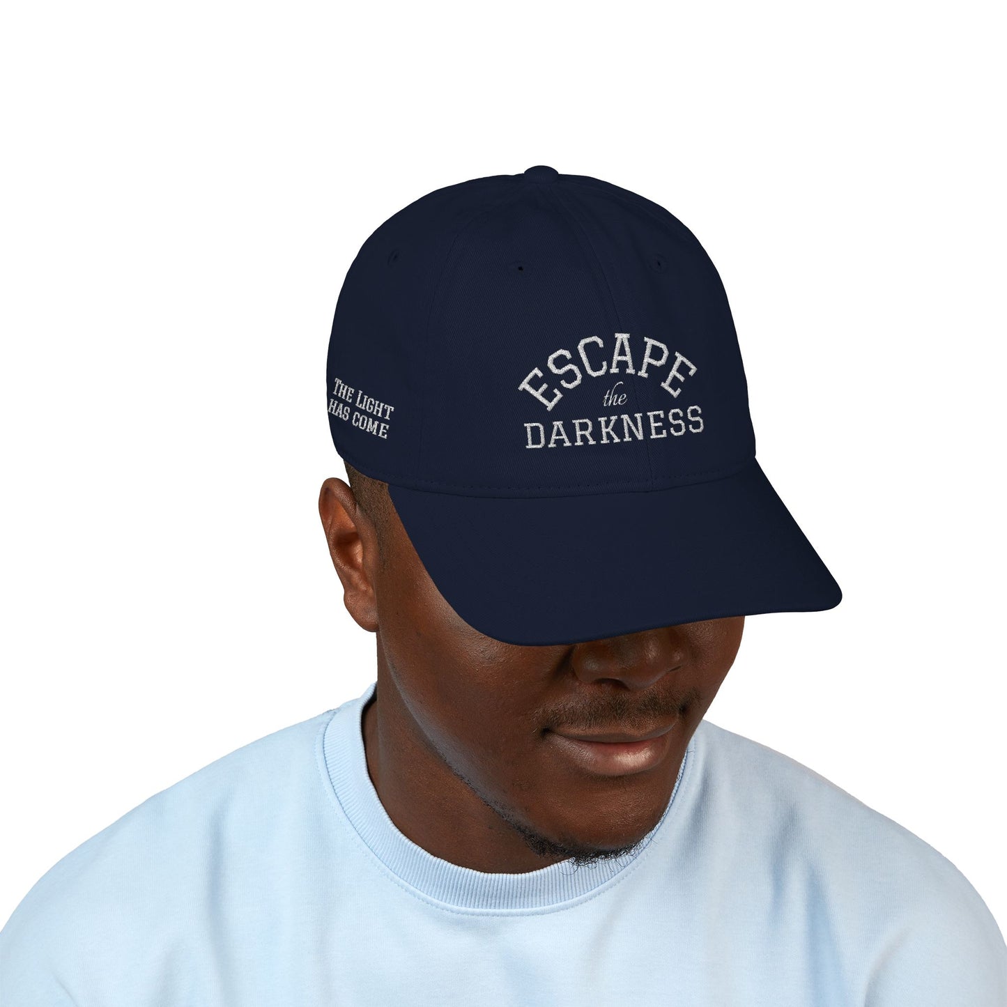 Escape the Darkness Embroidered Baseball Cap — Organic Cotton, Spiritual Hope Hat