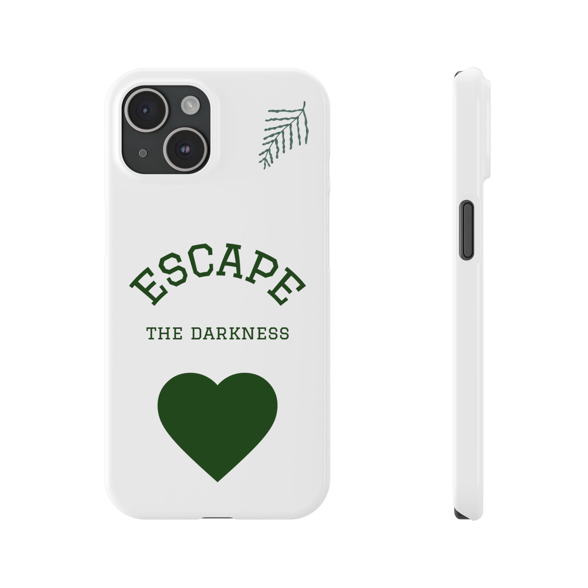 Escape the Darkness Slim Phone Case — Minimal Green Heart & Leaf Phone Cover