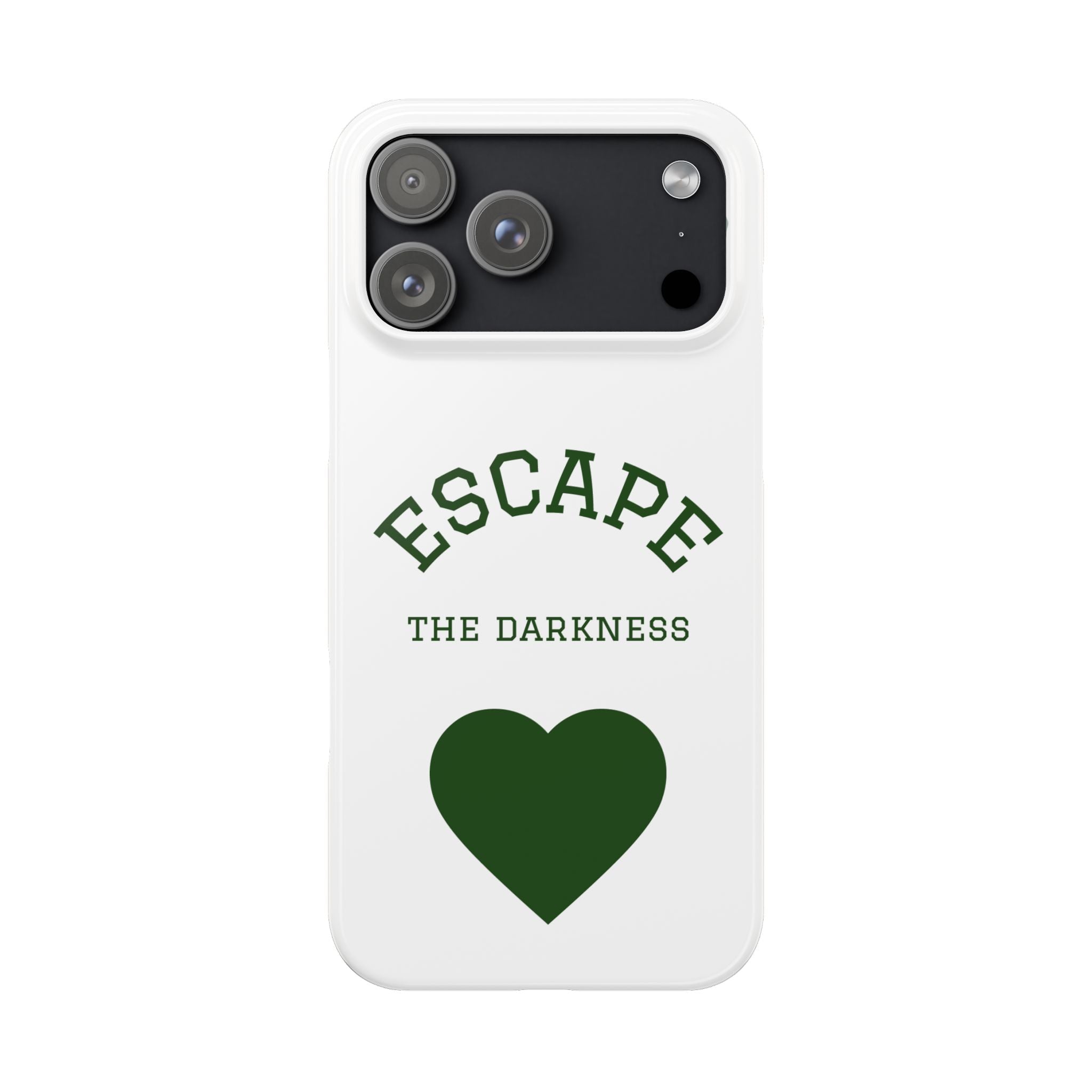 Escape the Darkness Slim Phone Case — Minimal Green Heart & Leaf Phone Cover