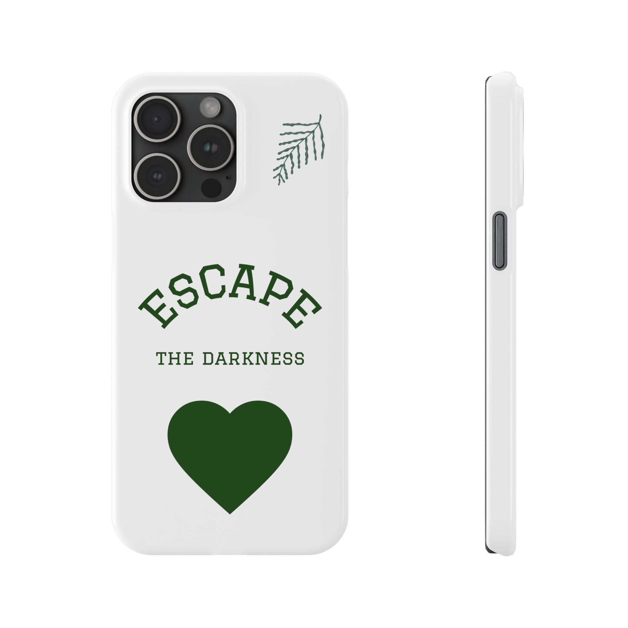 Escape the Darkness Slim Phone Case — Minimal Green Heart & Leaf Phone Cover