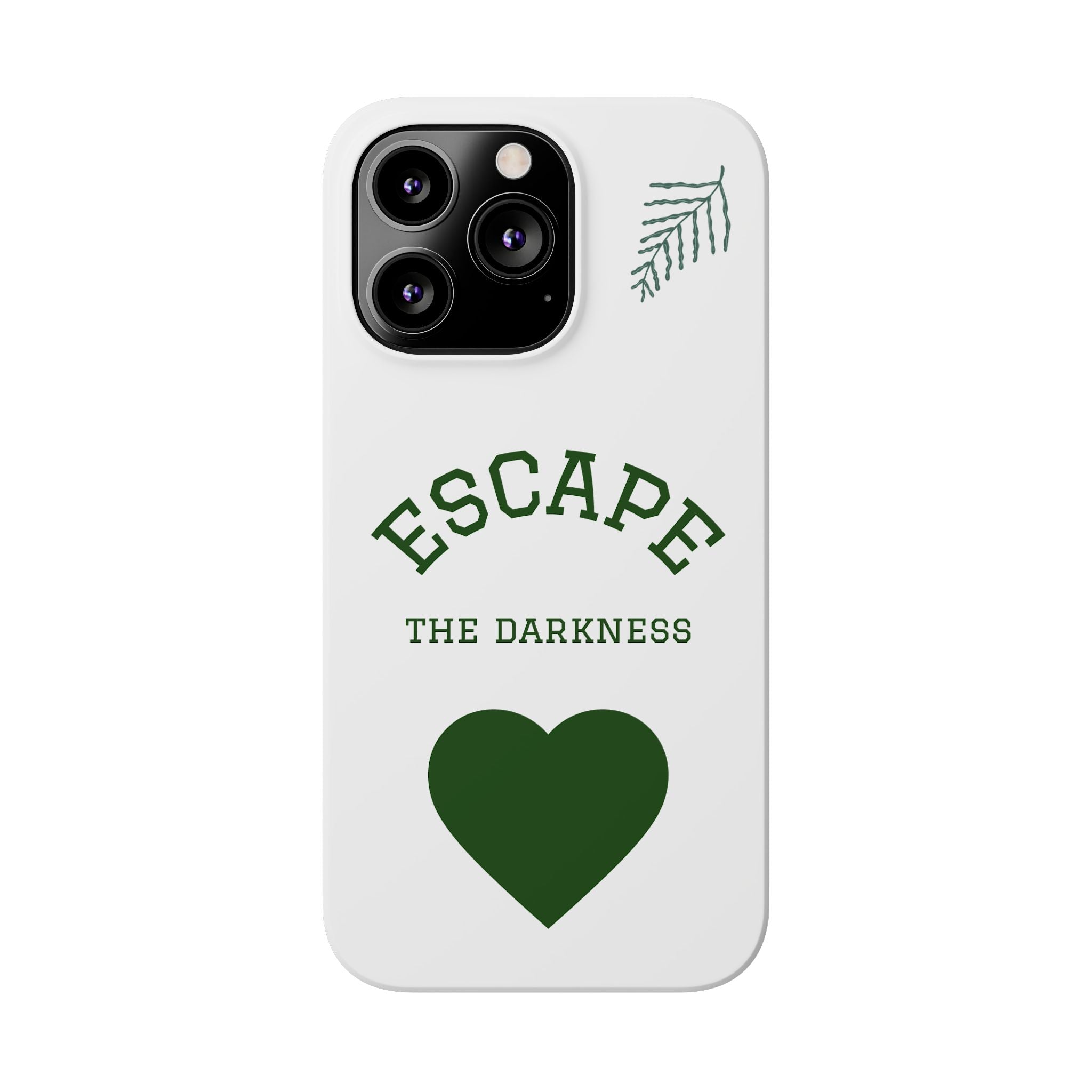Escape the Darkness Slim Phone Case — Minimal Green Heart & Leaf Phone Cover