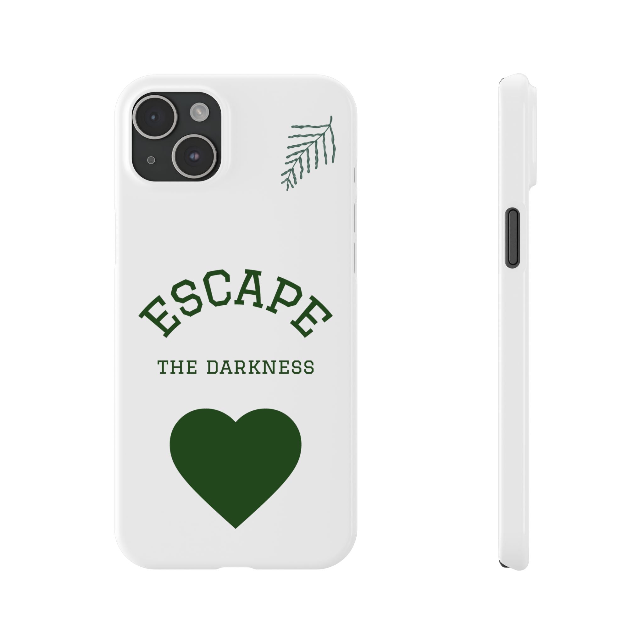 Escape the Darkness Slim Phone Case — Minimal Green Heart & Leaf Phone Cover