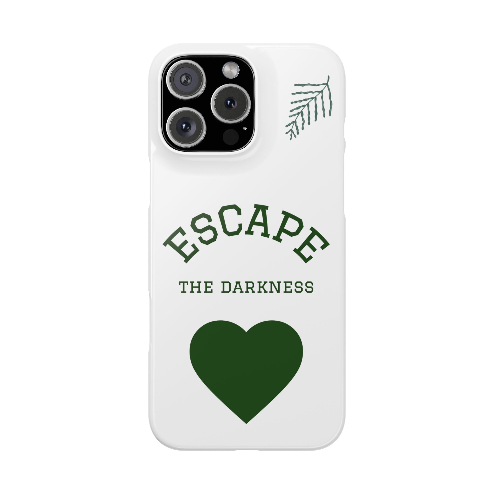 Escape the Darkness Slim Phone Case — Minimal Green Heart & Leaf Phone Cover