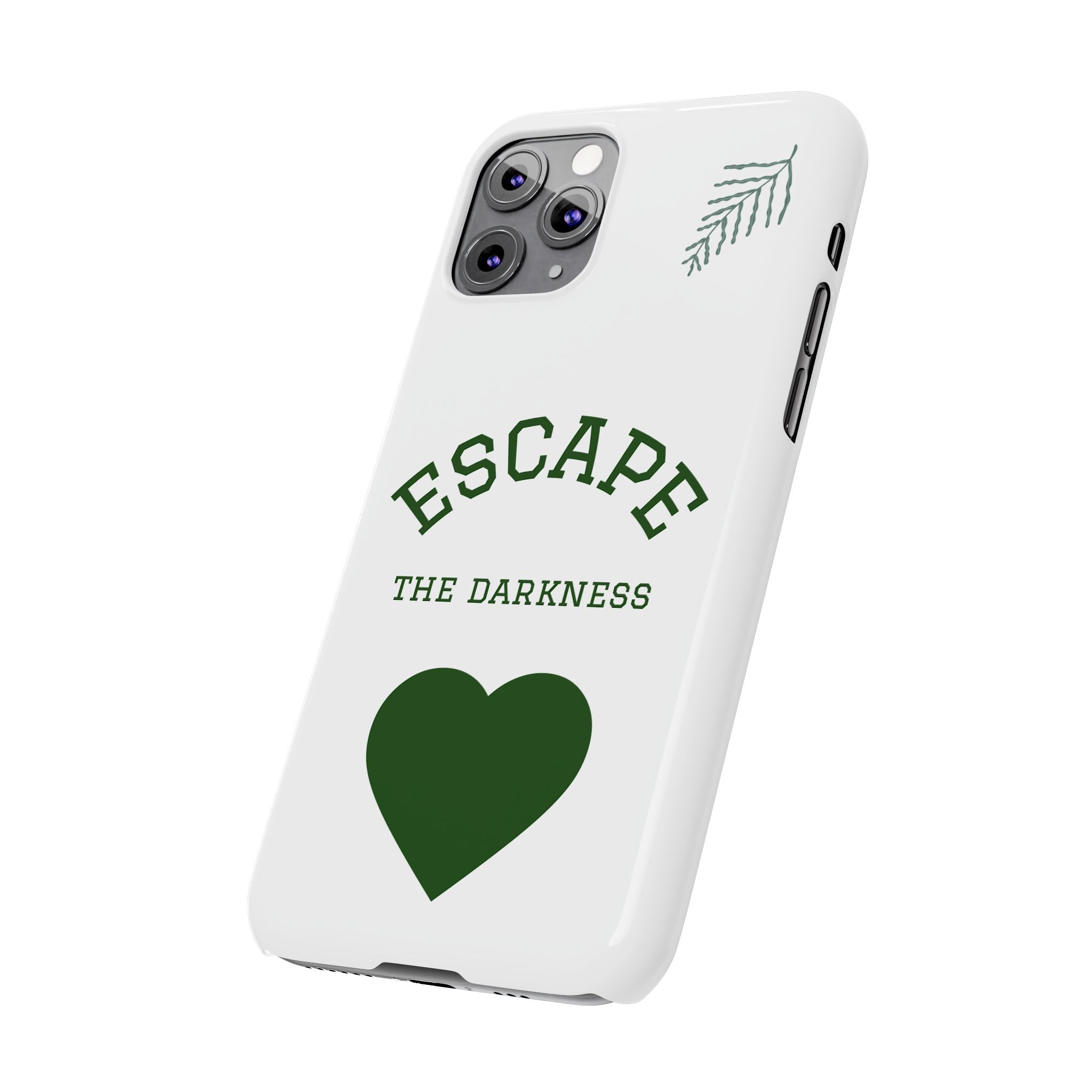 Escape the Darkness Slim Phone Case — Minimal Green Heart & Leaf Phone Cover