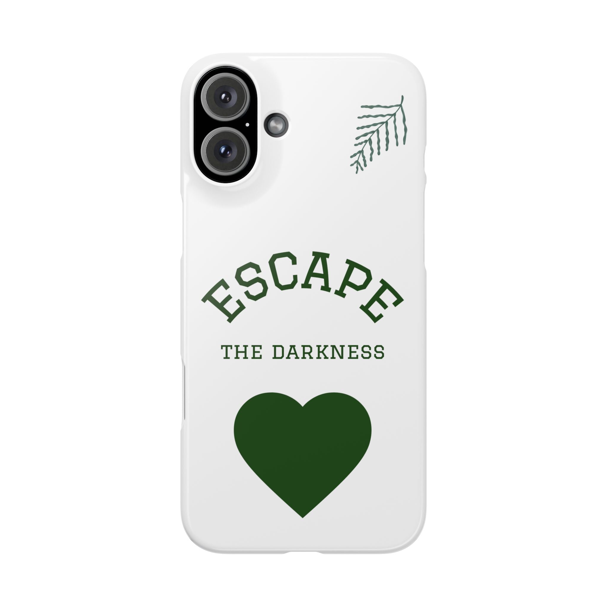 Escape the Darkness Slim Phone Case — Minimal Green Heart & Leaf Phone Cover