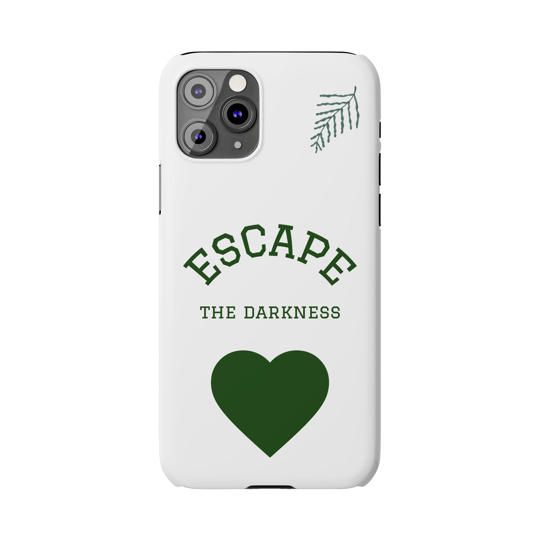 Escape the Darkness Slim Phone Case — Minimal Green Heart & Leaf Phone Cover