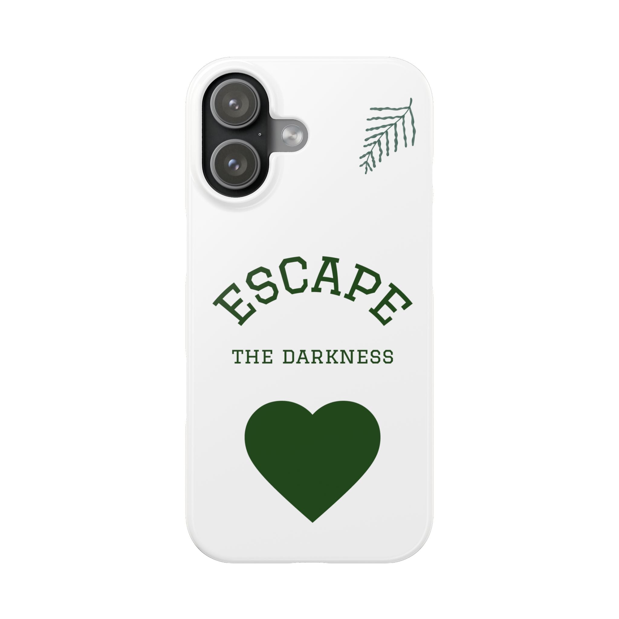 Escape the Darkness Slim Phone Case — Minimal Green Heart & Leaf Phone Cover