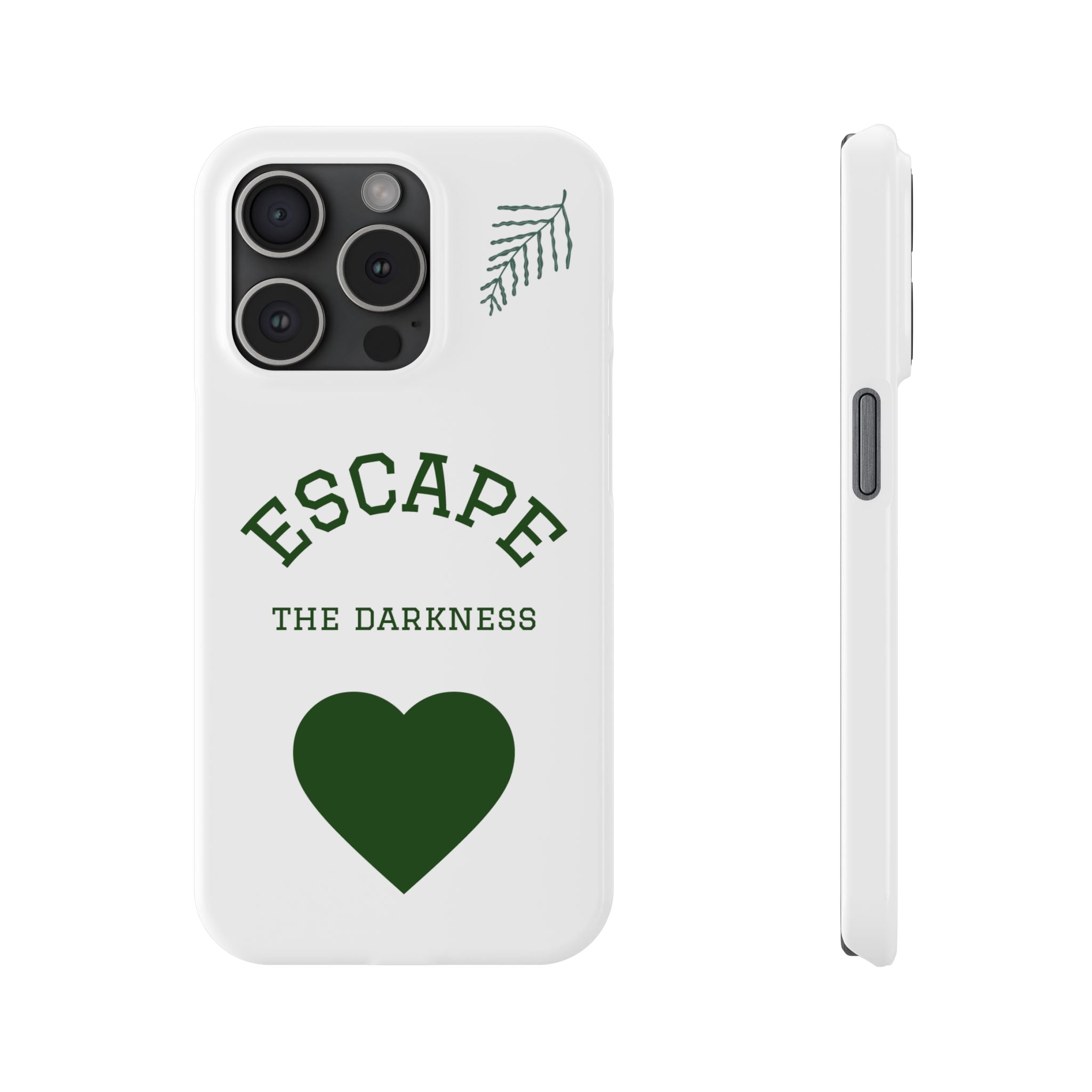 Escape the Darkness Slim Phone Case — Minimal Green Heart & Leaf Phone Cover