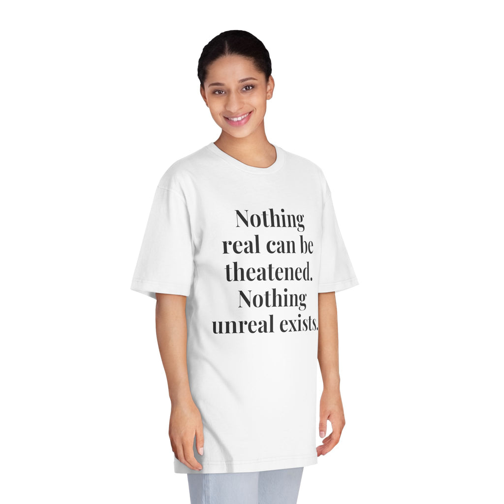 "Nothing real can be threatened" — Inspirational Crewneck T‑Shirt (I am as God Created me)