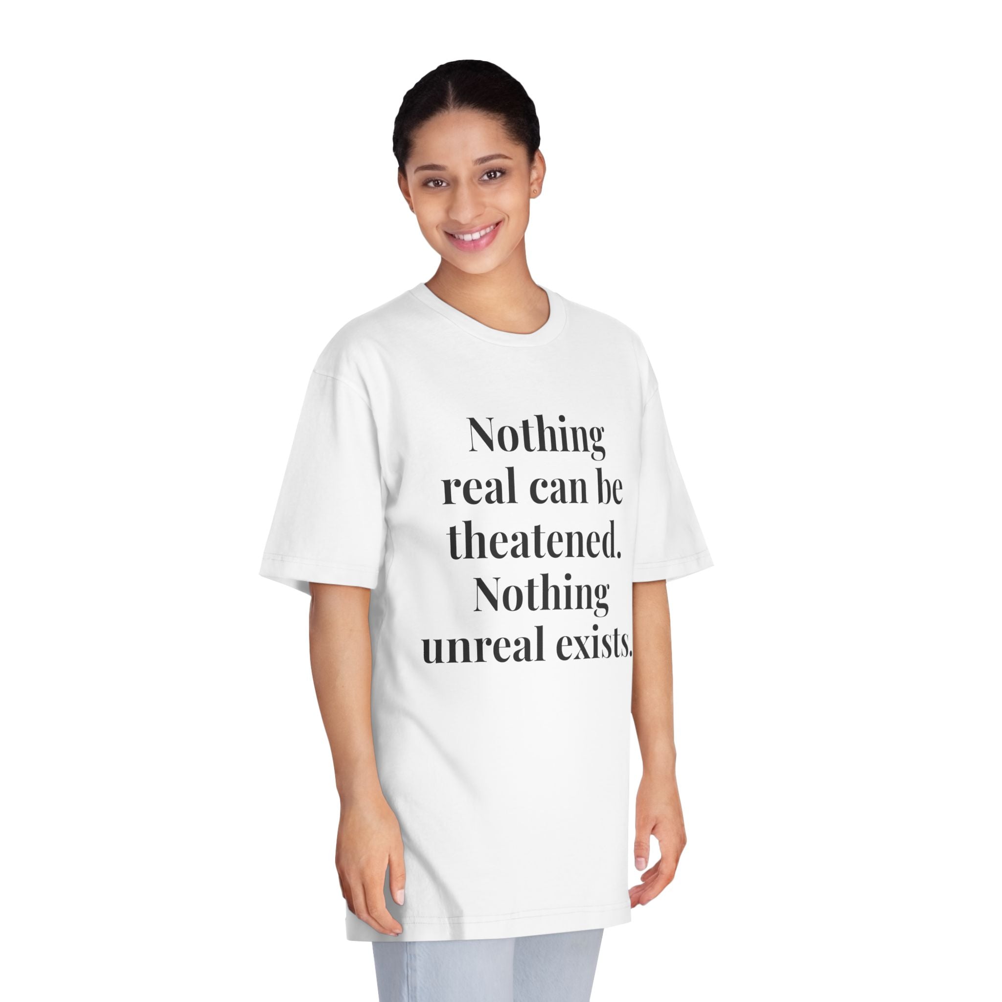 "Nothing real can be threatened" — Inspirational Crewneck T‑Shirt (I am as God Created me)