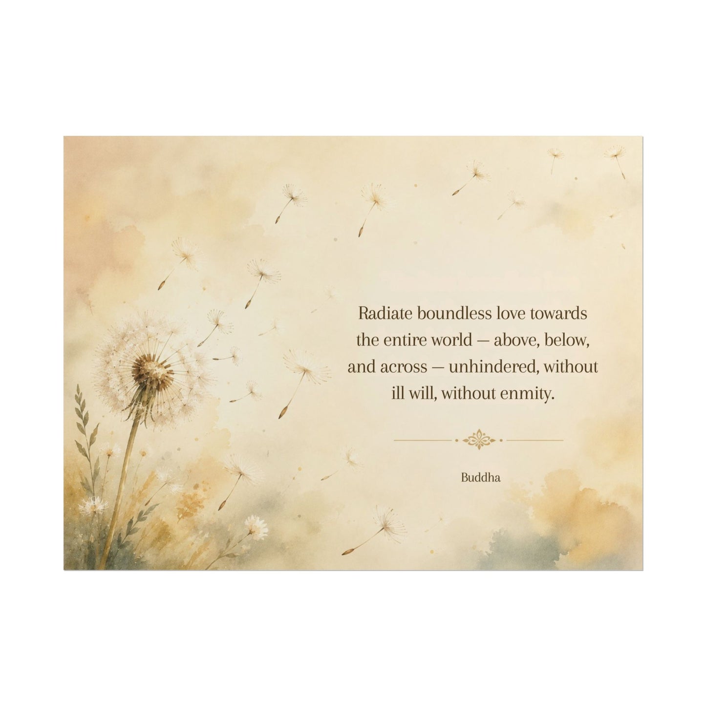 Inspirational Dandelion Poster — "Radiate boundless love" Buddhist Quote Rolled Art Print