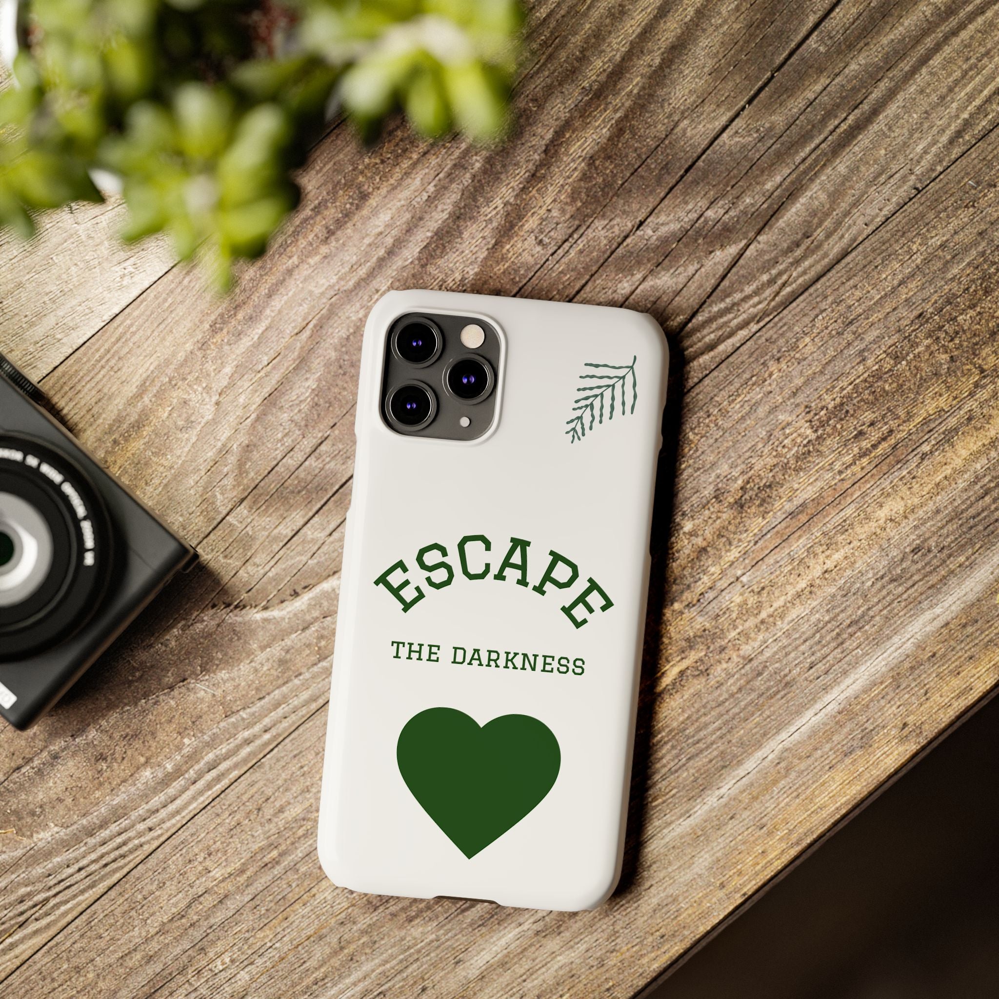 Escape the Darkness Slim Phone Case — Minimal Green Heart & Leaf Phone Cover