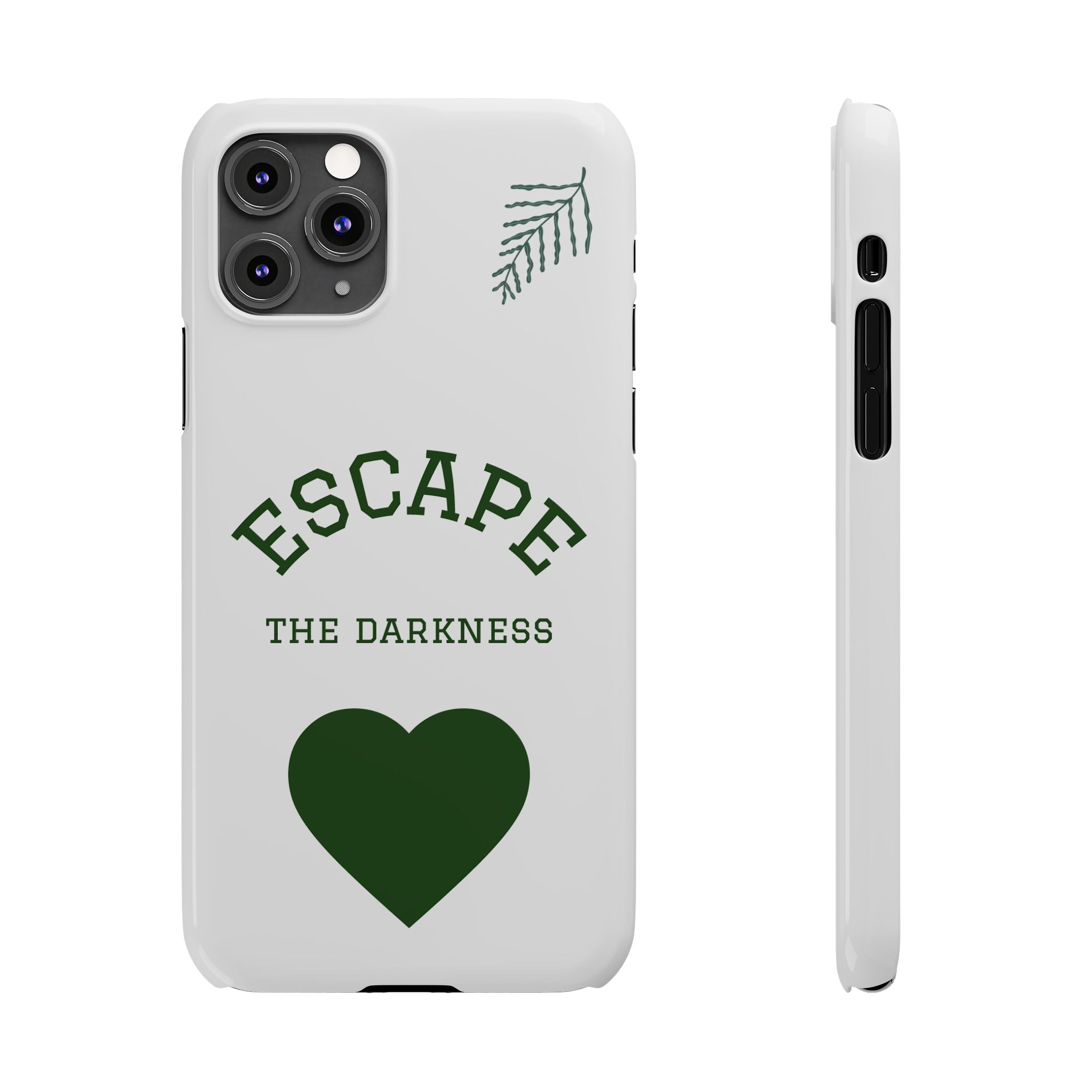 Escape the Darkness Slim Phone Case — Minimal Green Heart & Leaf Phone Cover