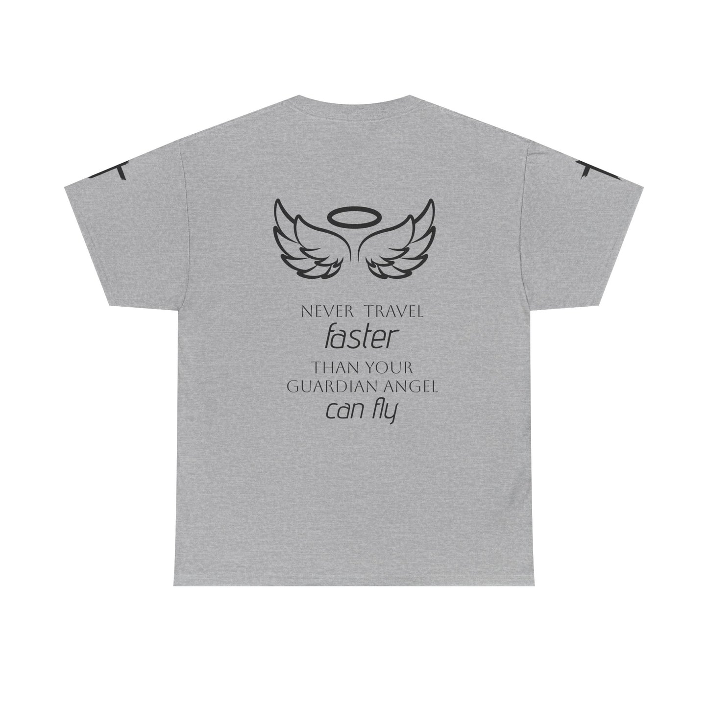 Angel Wings Memorial Tee — "Never Travel Faster Than Your Guardian Angel Can Fly"