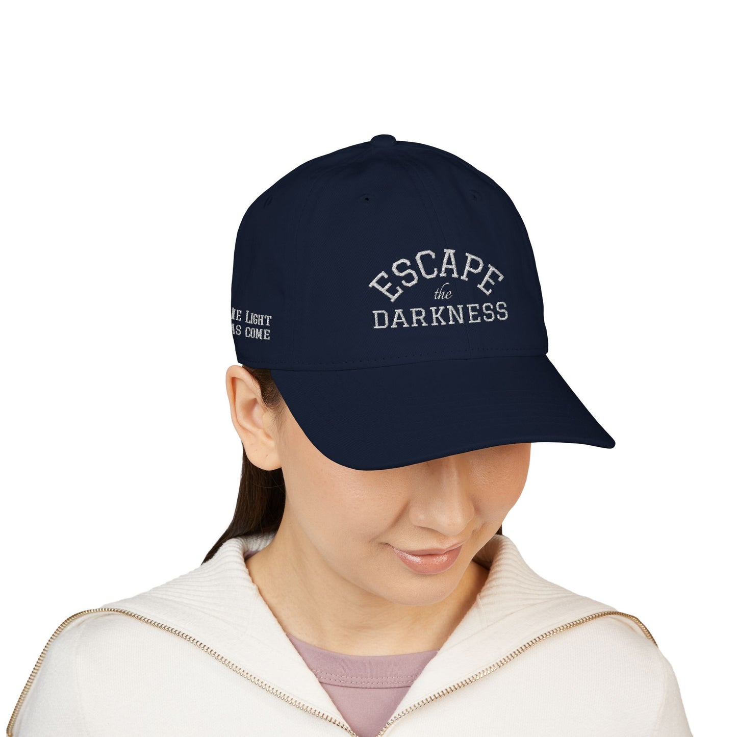 Escape the Darkness Embroidered Baseball Cap — Organic Cotton, Spiritual Hope Hat