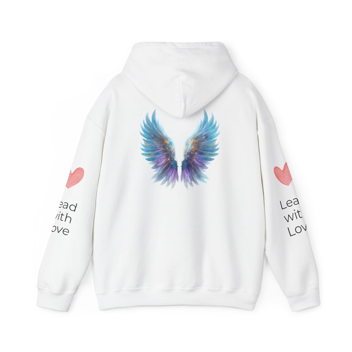 Angel Wings Hoodie — Angel Wing Graphic Hooded Sweatshirt with 'Lead with Love' Sleeves