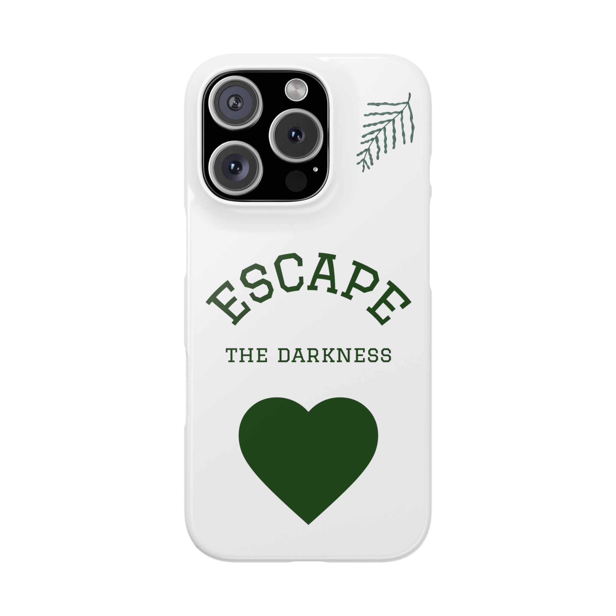 Escape the Darkness Slim Phone Case — Minimal Green Heart & Leaf Phone Cover