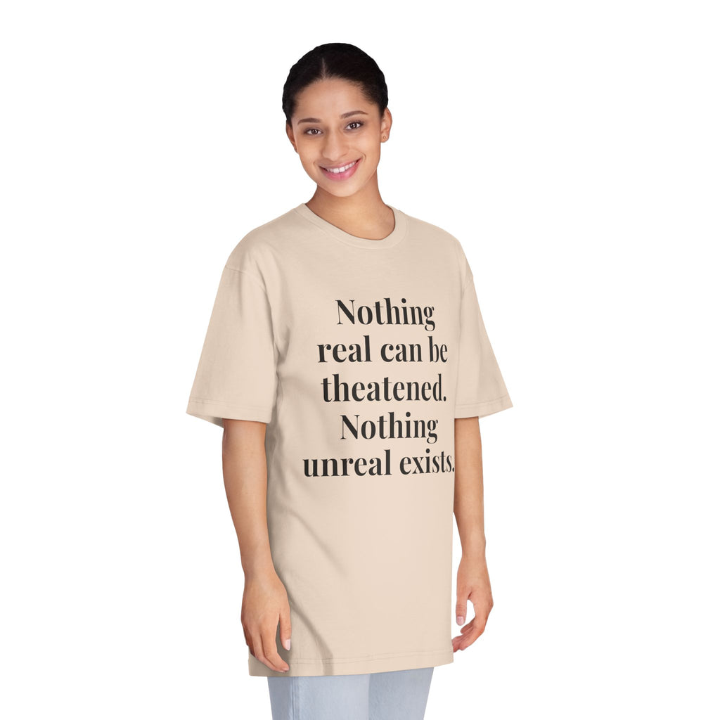 "Nothing real can be threatened" — Inspirational Crewneck T‑Shirt (I am as God Created me)