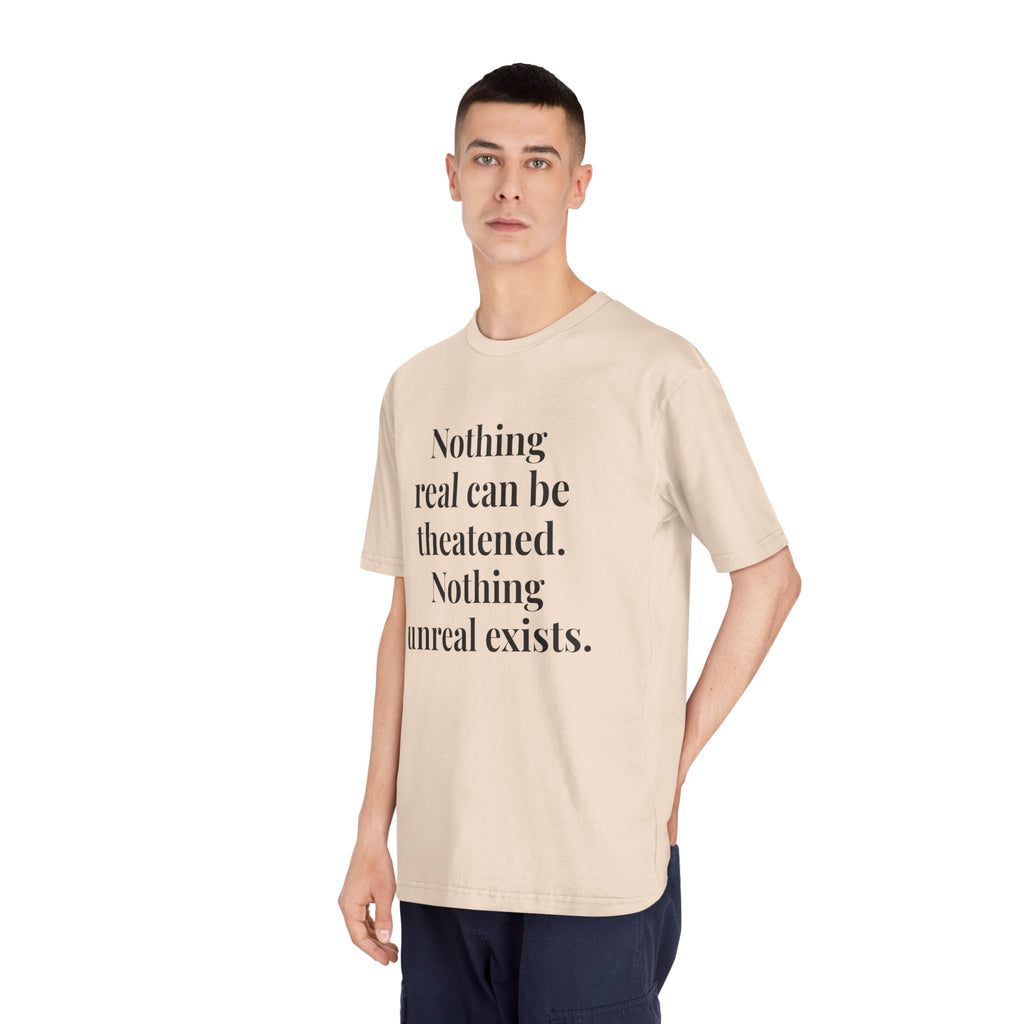 "Nothing real can be threatened" — Inspirational Crewneck T‑Shirt (I am as God Created me)