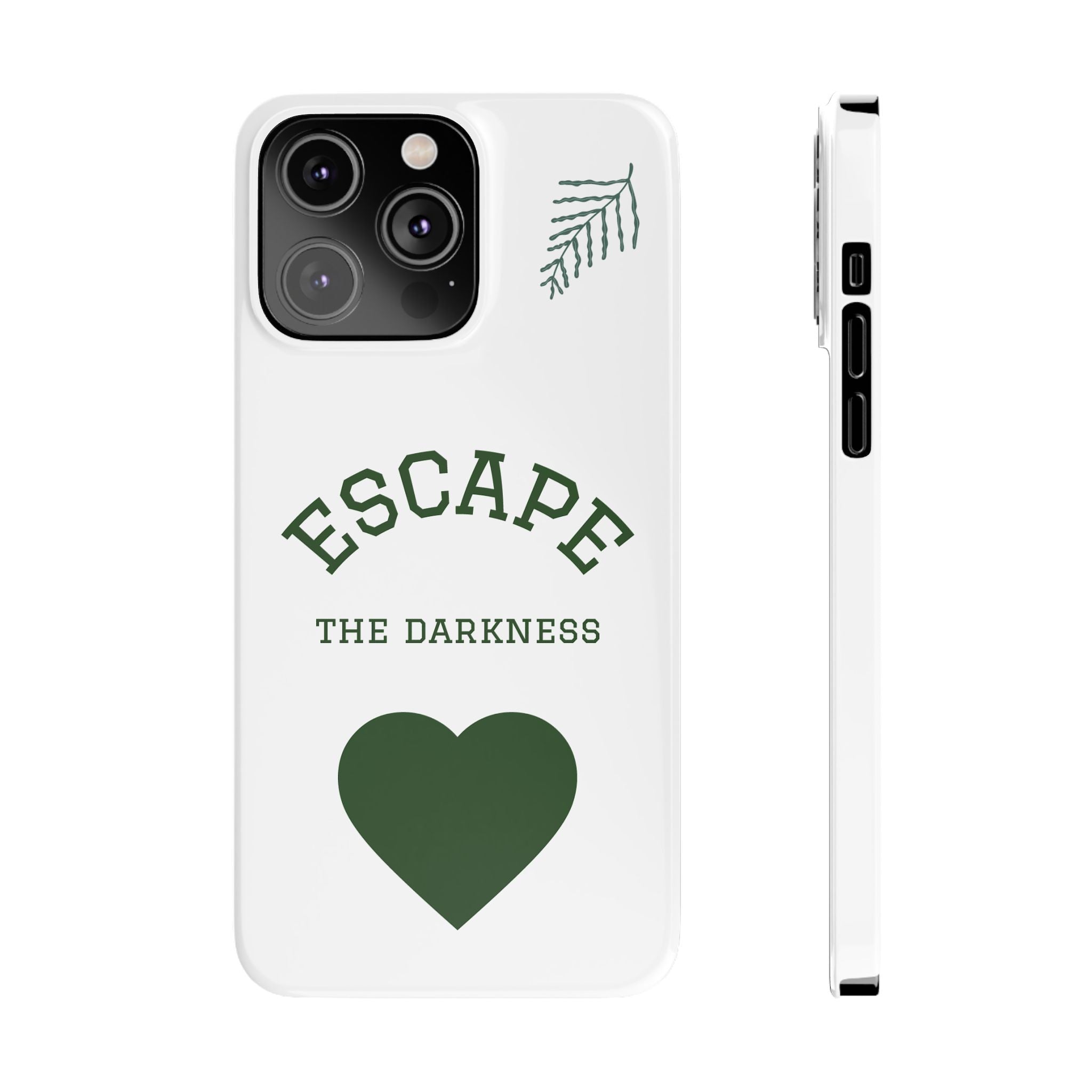 Escape the Darkness Slim Phone Case — Minimal Green Heart & Leaf Phone Cover